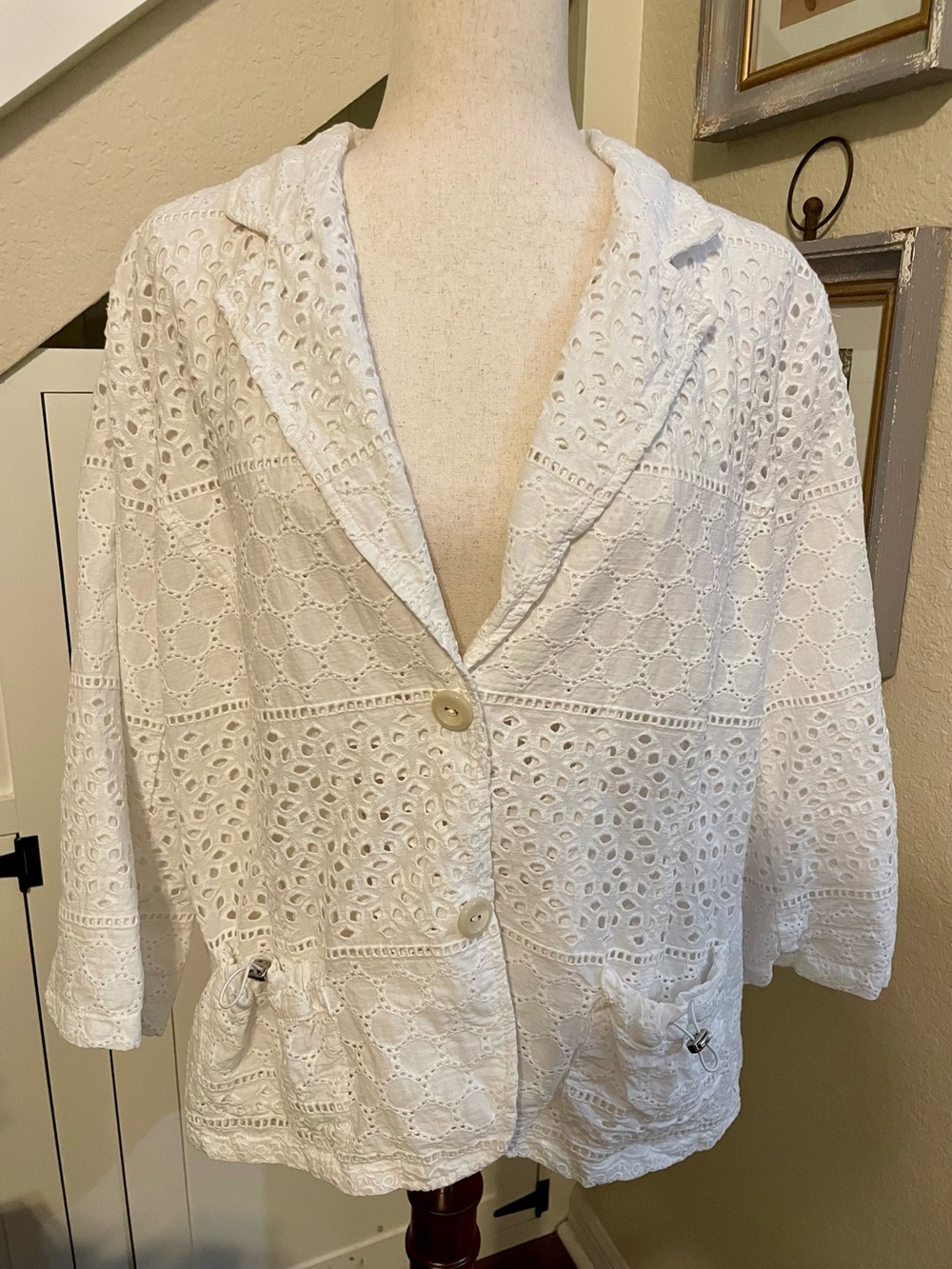 Erin London White Cotton Eyelet Patchwork Blazer Jacket XL